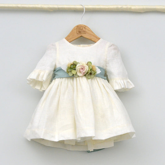 Vestido bebés lino Beatriz con adorno floral