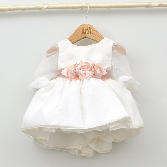 Vestido Tul niña María con manga francesa y adorno floral