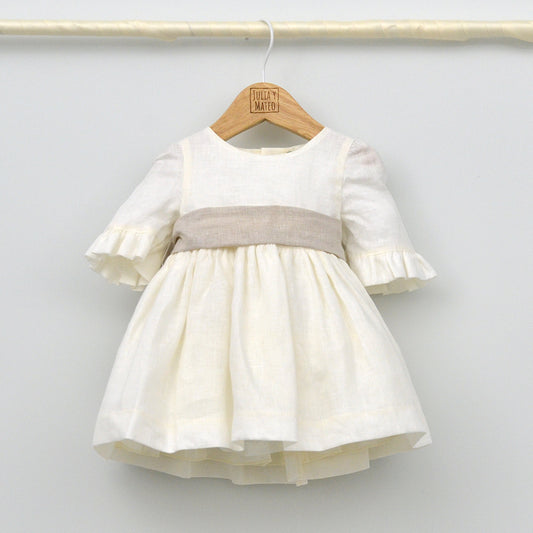 Vestido ceremonia niña traje bautizo bebe clasico fajin lino arena clasico hecho en españa manga larga otoño invierno