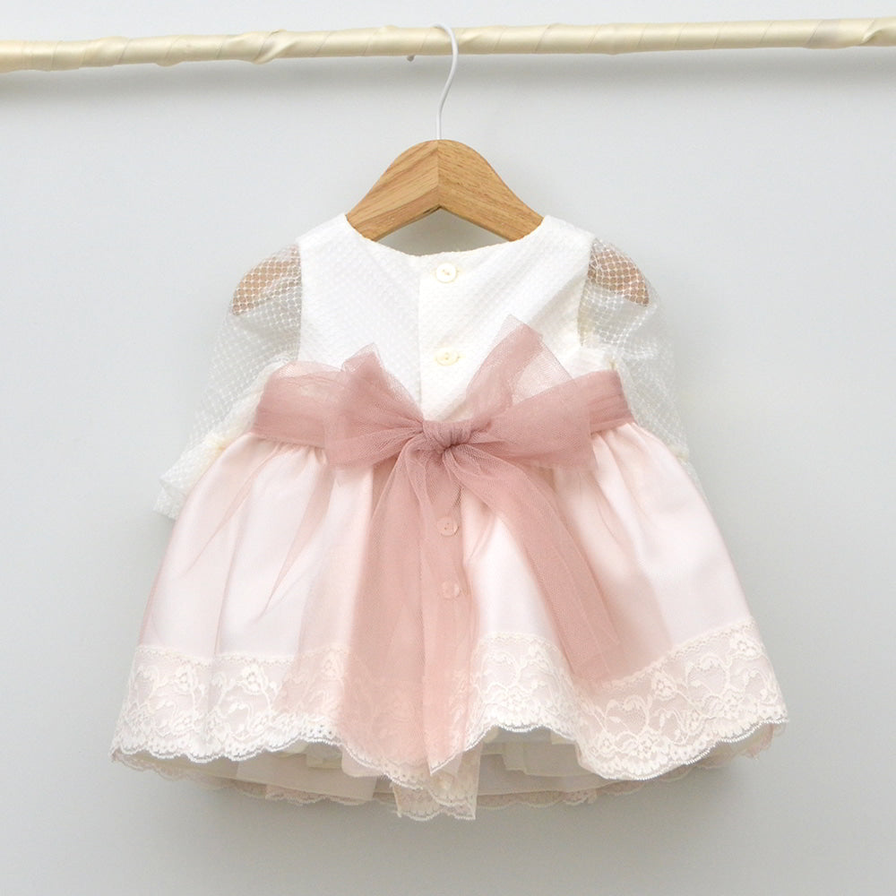 vestido ceremonia bautizo niña rosa con manga lazo fajin rosa españa elegante clasico