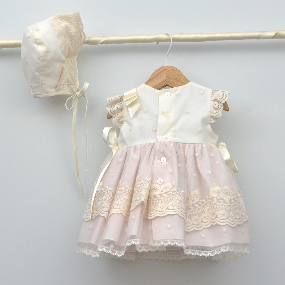 Vestido bautizar bautismo niñas rosa lazos tul Amaya Mayoral Albacete cuenca granada