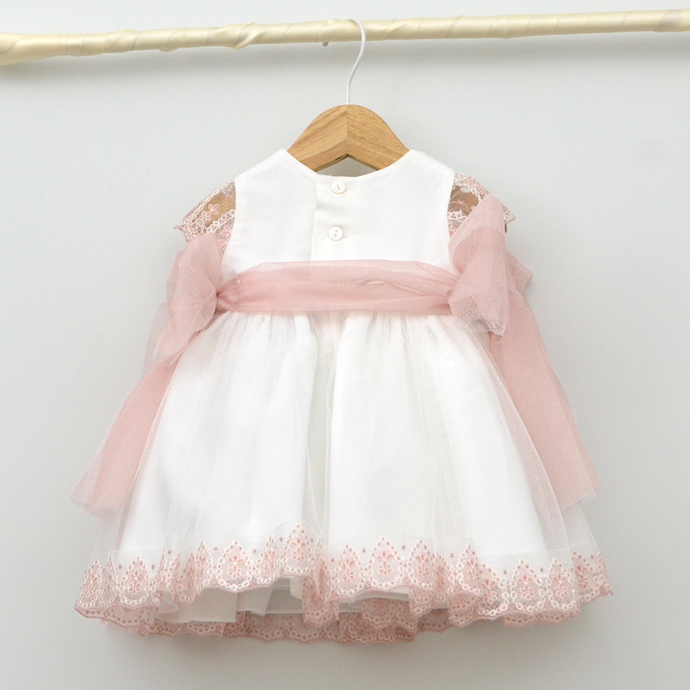 vestido ceremonia niñas Amaya, bautizo elegante, arras clasico , fajin rosa, adorno floral al mejor precio