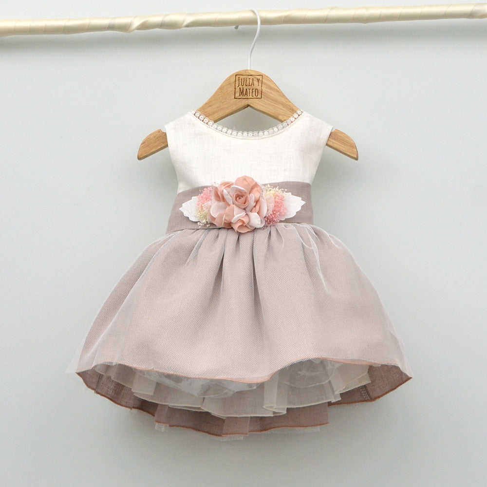vestido Bautizo Ceremonia arras niñas lino rosa fajin lazo flores hermanos a juego conjuntados para bodas hecho en españa mayoral amaya tienda online ropa eventos