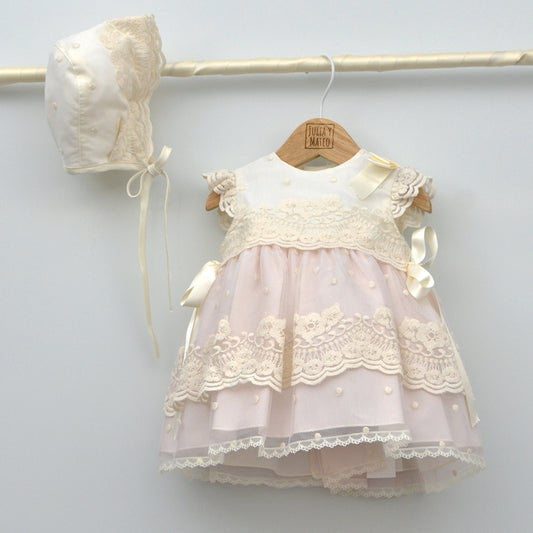 Vestido bautizar bautismo niñas rosa lazos tul Amaya Mayoral Albacete cuenca granada