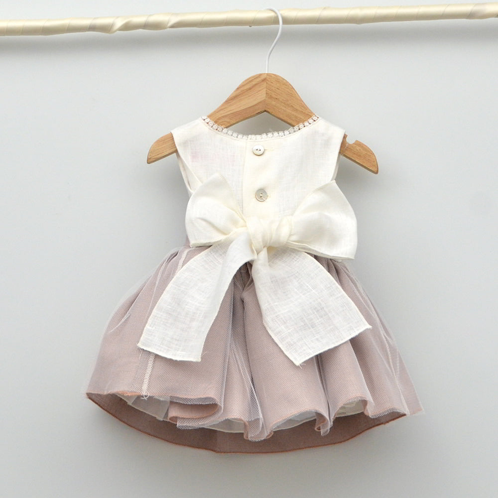 vestidos ceremonia niñas tallas 3,4,5,6,8 años Amaya lazo rosa fajin flores lino hecho en españa hermanos conjuntados arras