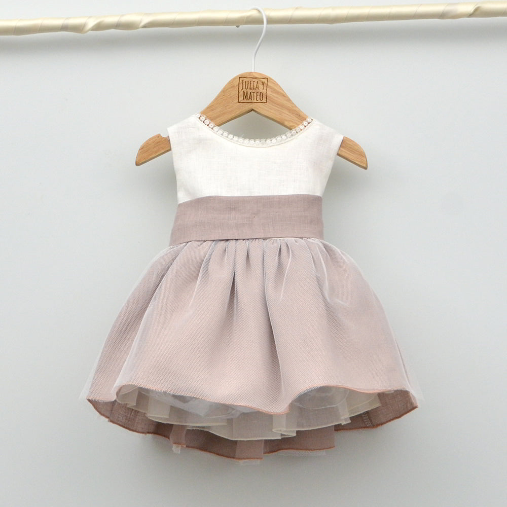vestidos ceremonia niñas tallas 3,4,5,6,8 años Amaya lazo rosa fajin flores lino hecho en españa hermanos conjuntados arras