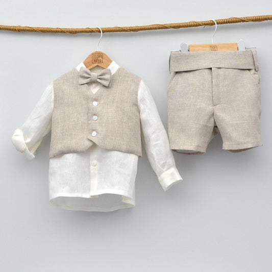 conjuntos ceremonia niños bodas bautizos chaleco pajarita fajin Lino color arena tallas 1,2,3,4,5,6,7,8 años niños infantil fajin pajarita Mayoral