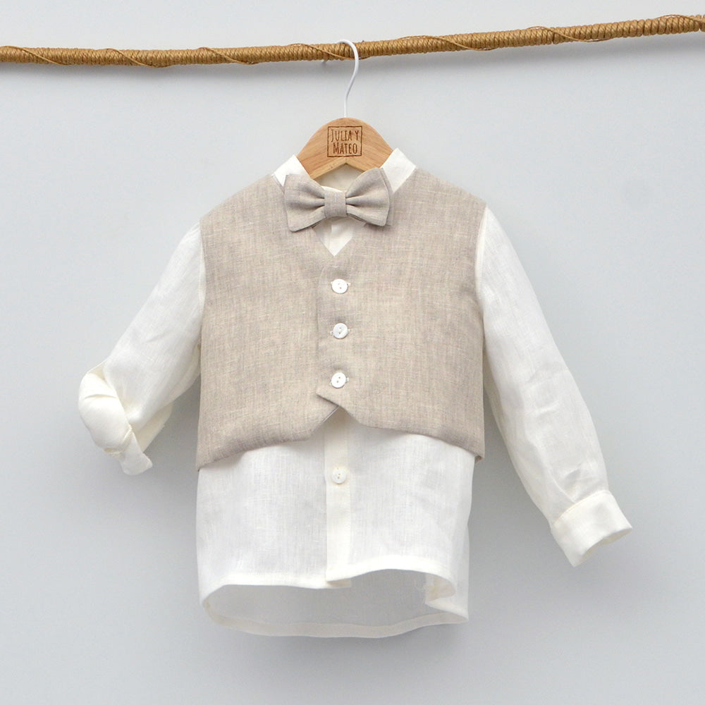 conjunto ceremonia niños bautizo arras pajarita fajin color arena