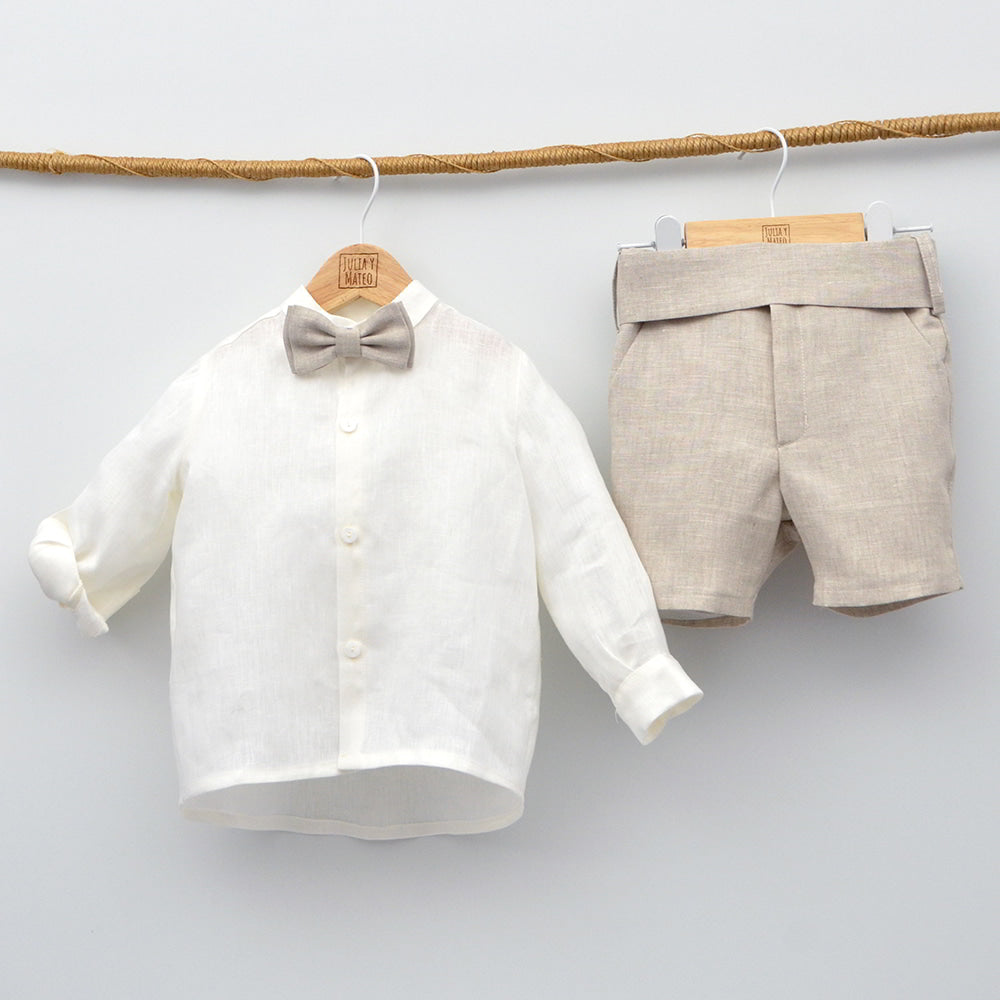 conjunto ceremonia niños bautizo arras pajarita fajin color arena