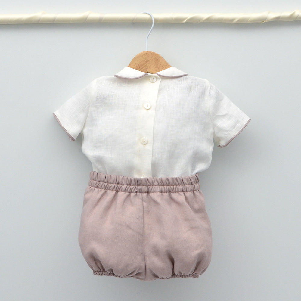 trajes ceremonia bautizo arras bebes niños lino pajarita color malva