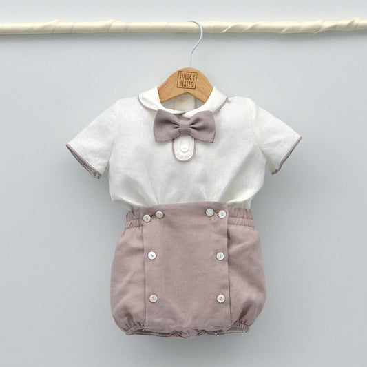 trajes ceremonia bautizo arras bebes niños lino pajarita color malva rosa hermanos a conjunto en bodas pajarita