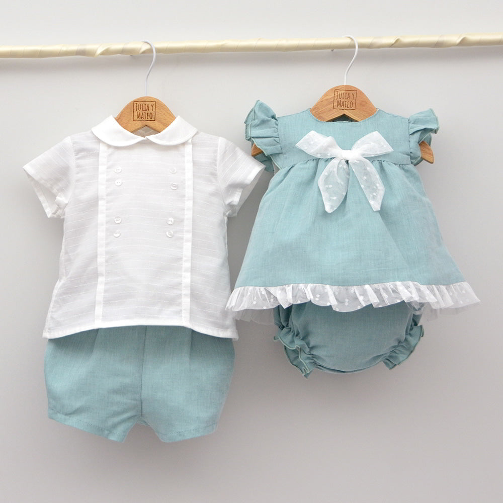 conjunto vestir ceremonia bebes niños lino verde empolvado vestir hermanos iguales