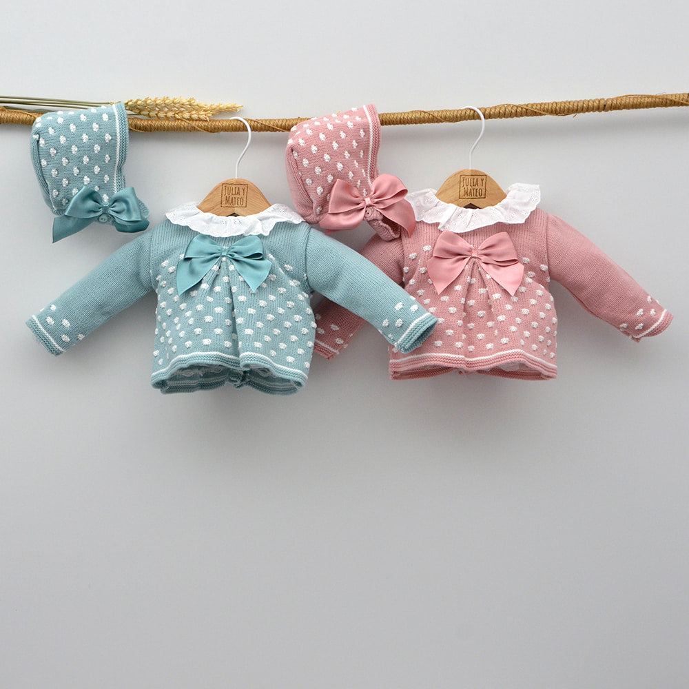 conjunto punto niñas polaina capota rosa doña carmen regalos recien nacids hecho en españa lazo