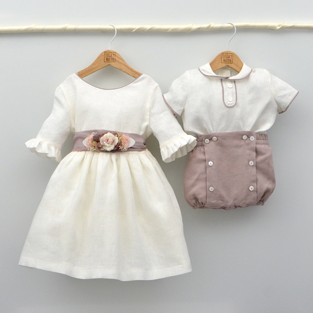 trajes ceremonia bautizo arras bebes niños lino pajarita color malva