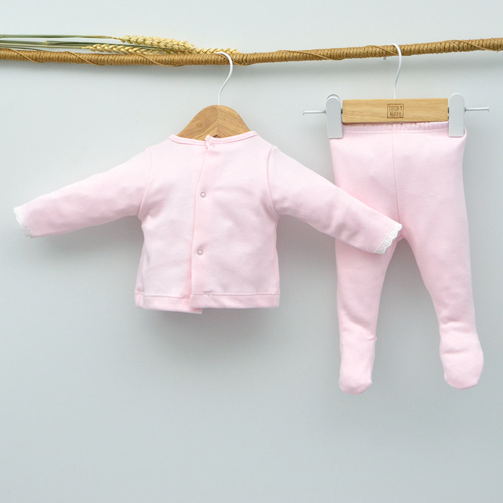 conjuntos polaina primeras puestas hospital bebes niñas recien nacido rosa ropa canastillas hecha en españa con encanto doña carmen Mayoral