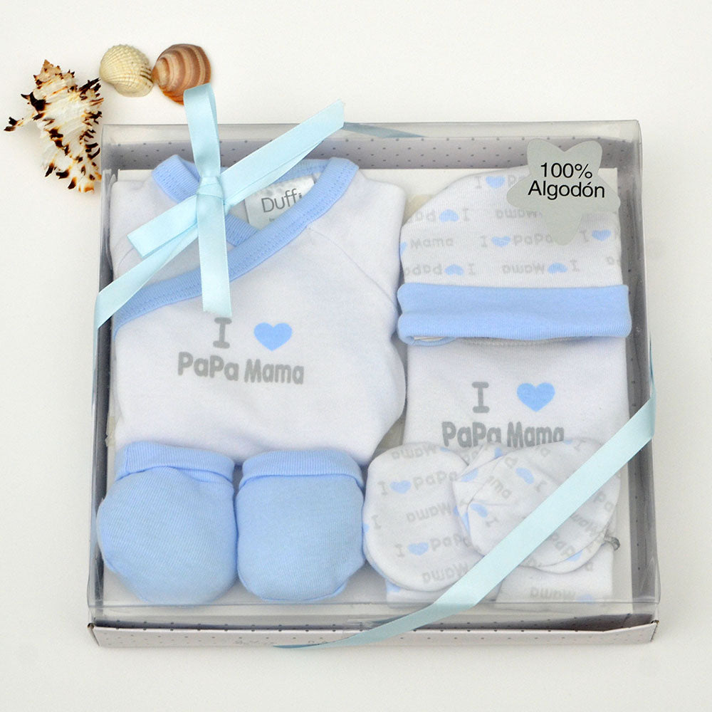 Conjunto regalo recién nacido unisex estampado, color azul