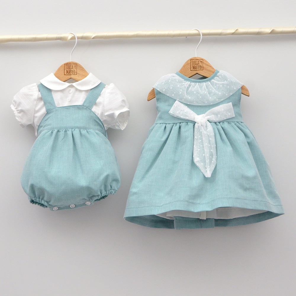 conjunto vestir ceremonia bebes niños lino verde empolvado vestir hermanos iguales