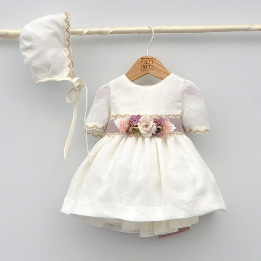 vestido arras ceremonia bautizo niñas con manga fajin malva flores lino comprar Online Delfin Amaya Mayoral