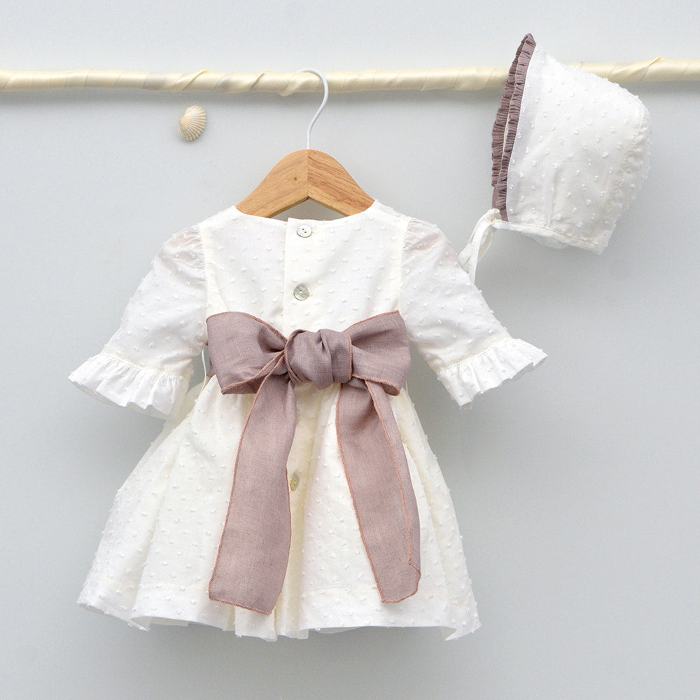 Vestido bautizo y ceremonia bebes niñas con lazo rosa y flores, manga tres cuartos
