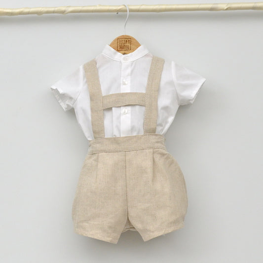 Conjunto bebé Capri con peto de lino y camisa cuello bebé