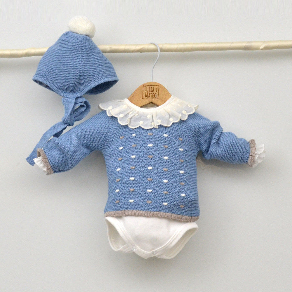 Conjunto bebés Miño de punto con jersey, polaina y gorrito con pompón