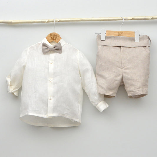 Conjunto lino Leo con camisa cuello Mao, pantalón con Fajín y pajarita