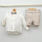 Conjunto lino Leo con camisa cuello Mao, pantalón con Fajín y pajarita