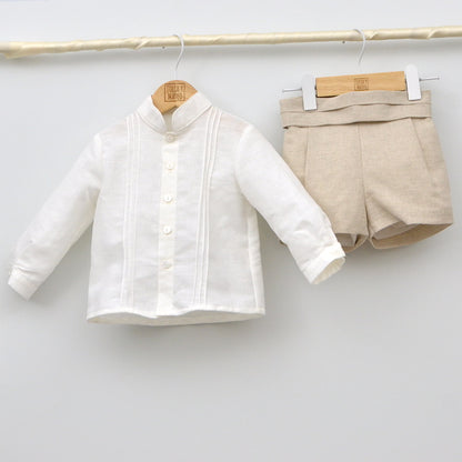 traje conjunto Bautizo ceremonia niños bebe meses lino en arena de Amaya, hecho en españa, pantalon arena ceremonia bebes