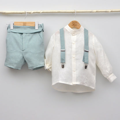 conjunto ceremonia niños bebes bautizo lino con pantalon con fajin y tirantes lino Mayoral