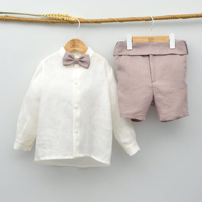 conjunto ceremonia bautizo arras niños lino pajarita fajin color malva rosa Mayoral sevilla bilbao murcia lino bautismo infantil hermanos conjuntados en bodas mayoral Valencia