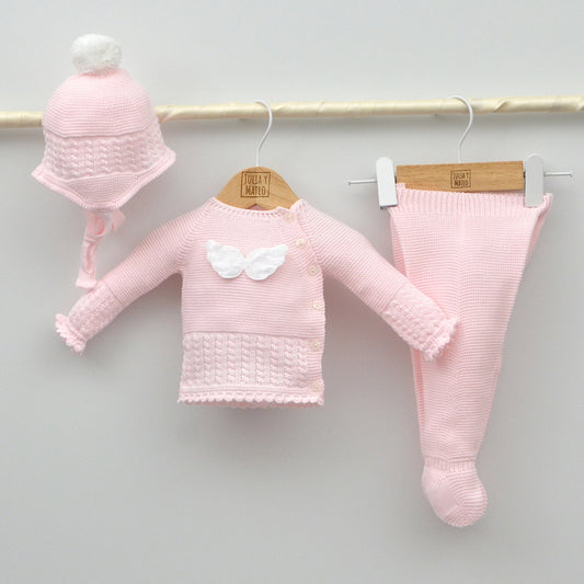 Conjunto bebés punto Ángel con jersey, polaina y gorrito con pompón