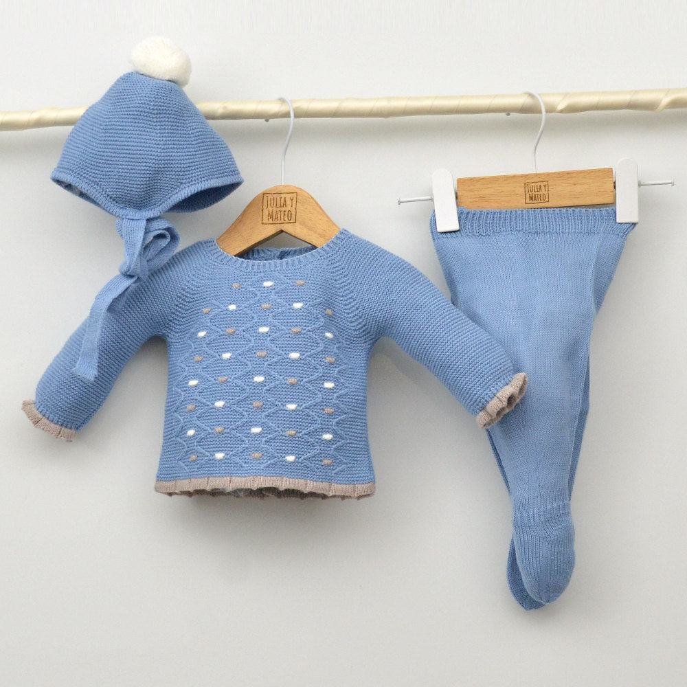 Conjunto bebés Miño de punto con jersey, polaina y gorrito con pompón