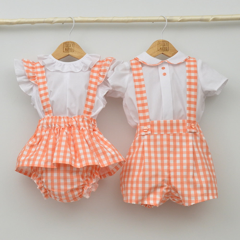 conjuntos vestir niños petos vichy naranja hermanos a juego tienda online ropa eventos infantil bebes niños conjuntados mayoral doña carmen