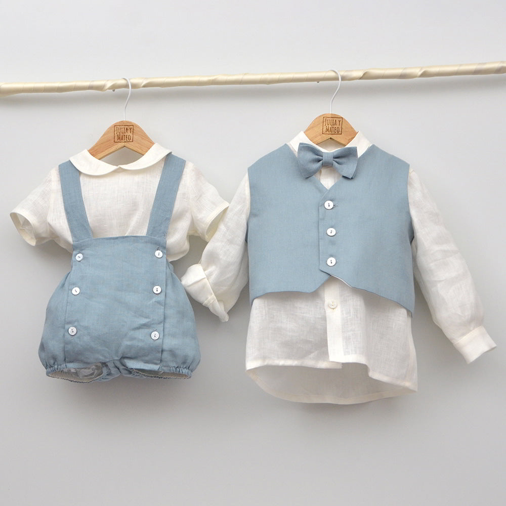 Conjuntos trajes bautizo bautismo arras ceremonia eventos niños bebes lino azul pololo hermanos conjuntados