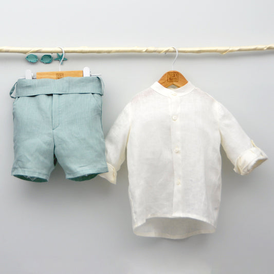 TrAJES HIJOS NIÑOS bAUTIZO ANA BOYER LINO VERDE AGUA 