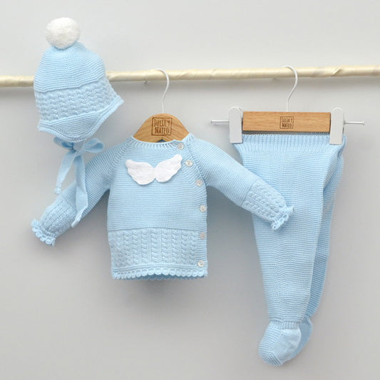 Conjunto bebés punto Ángel con jersey, polaina y gorrito con pompón