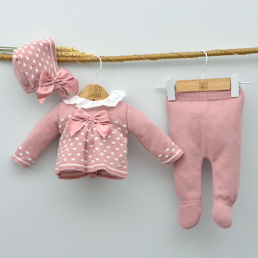 Conjunto bebés punto Nora con jersey, polaina y capota con lazo