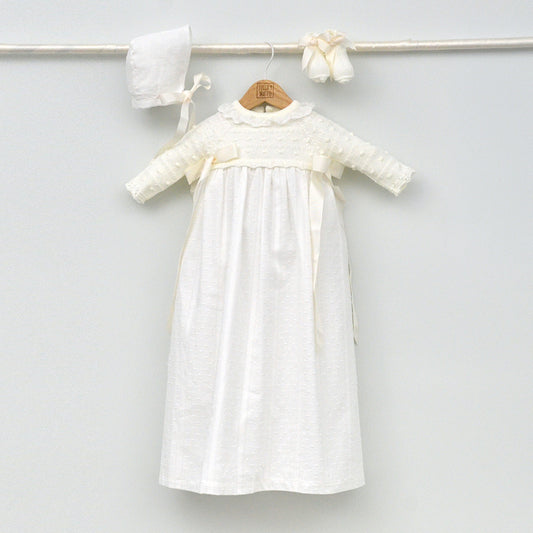 vestido de bautizo largo de punto para invierno con capota y patucos