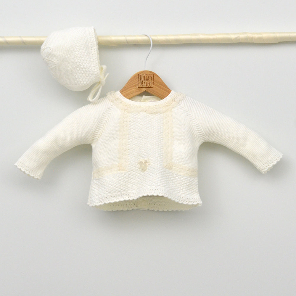 Conjunto bebés María de punto con jubón, polaina y capota