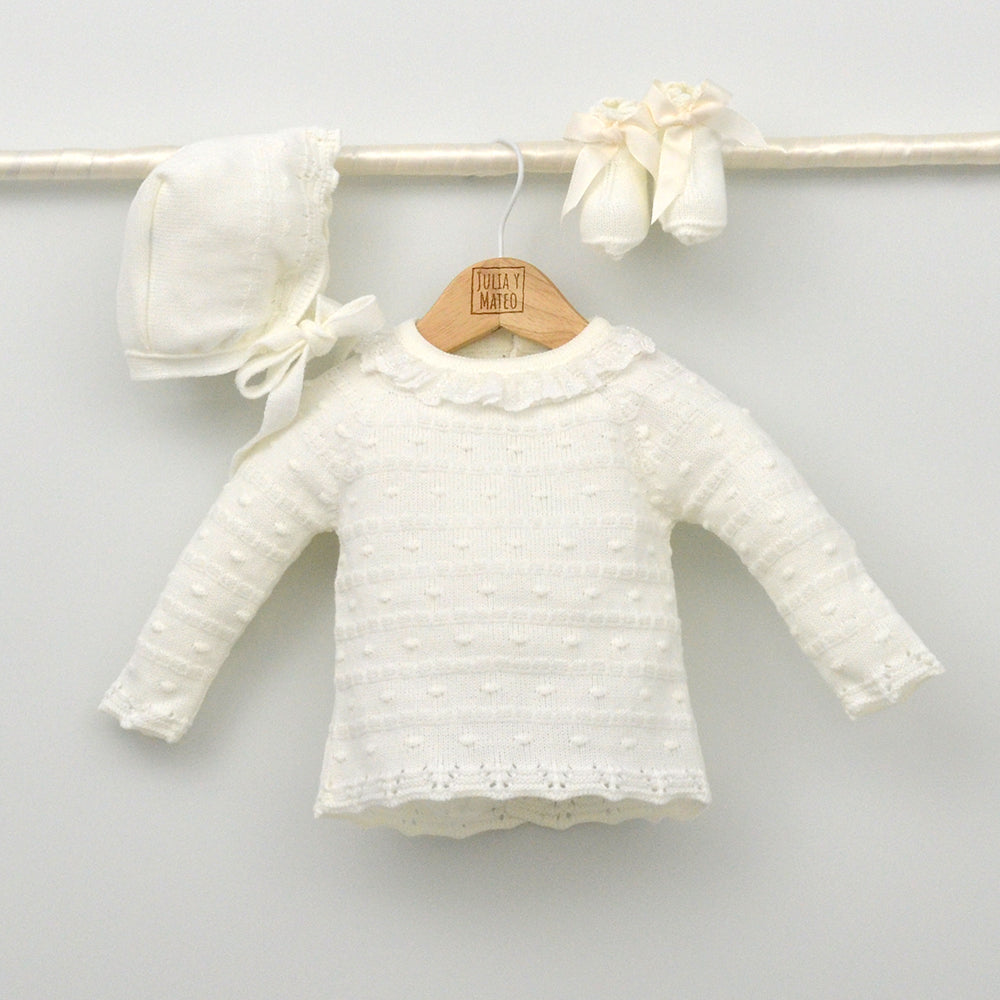 jersey, patucos y capota de punto para Bautizo en invierno