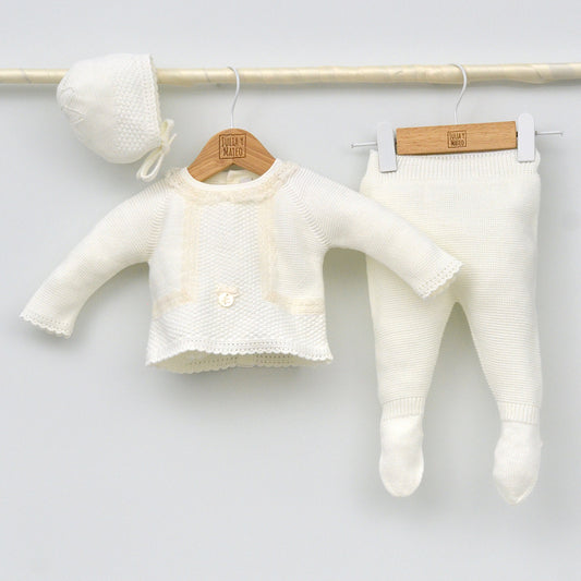 Conjunto bebés María de punto con jubón, polaina y capota