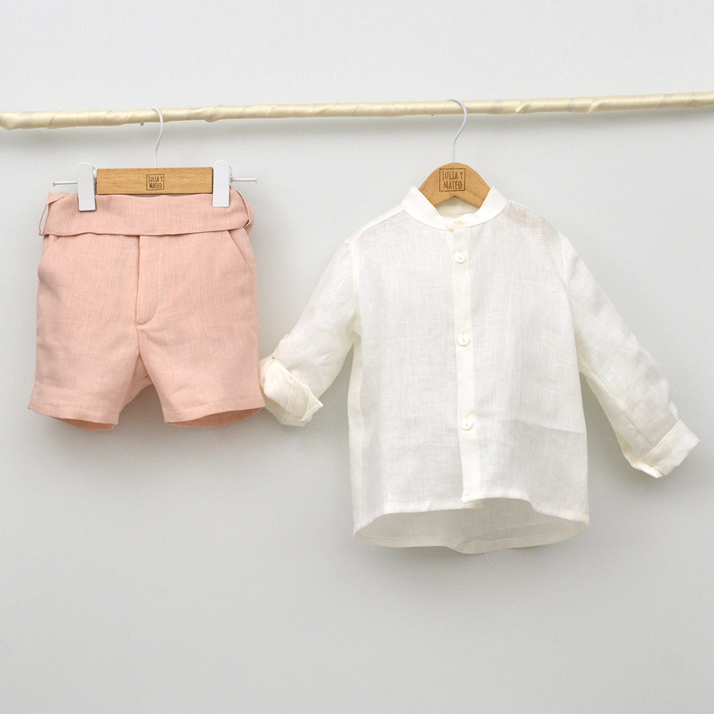 Conjunto lino Teresa con camisa cuello Mao y pantalón con Fajín
