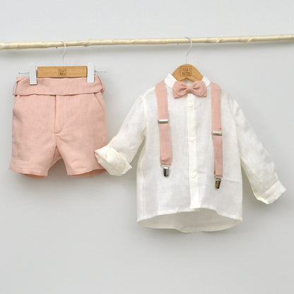 Conjunto lino Teresa con camisa cuello Mao, pajarita, tirantes y pantalón con Fajín