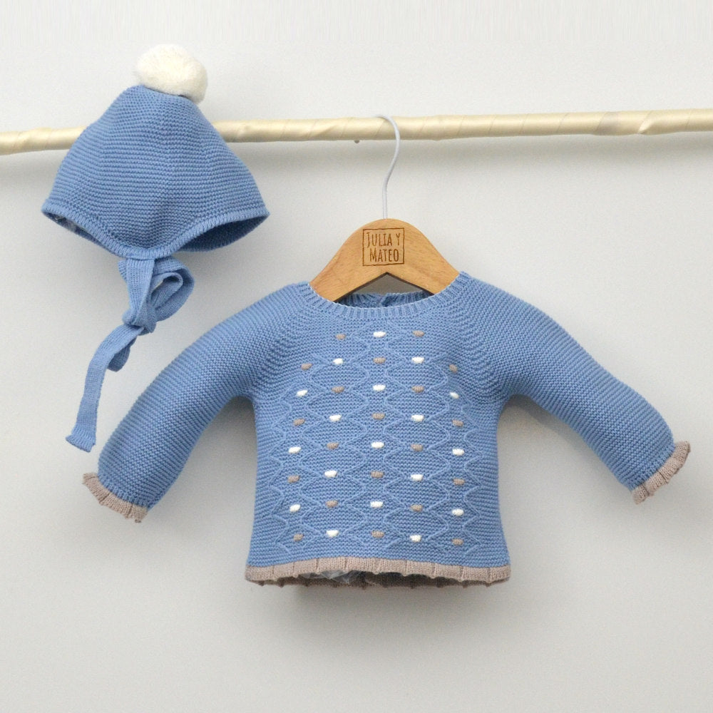 Conjunto bebés Miño de punto con jersey, polaina y gorrito con pompón