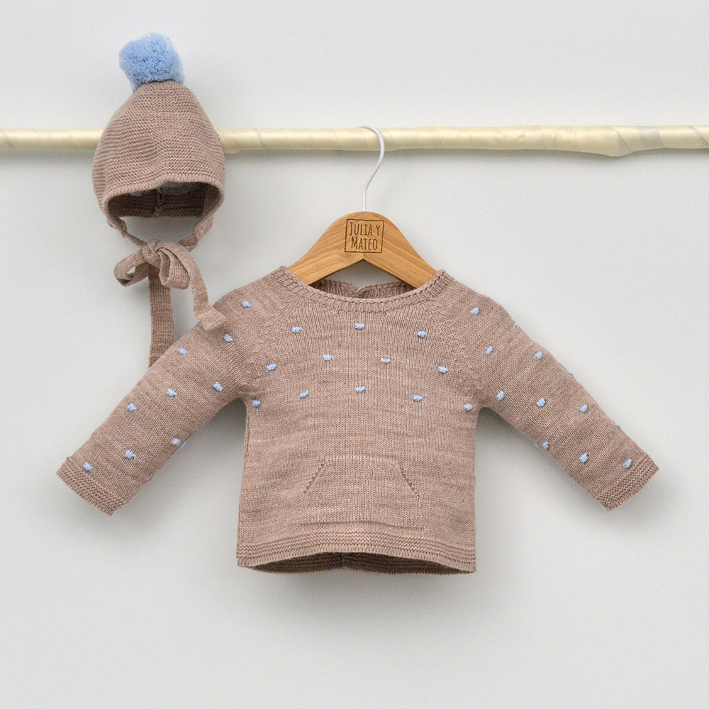 Conjunto bebés punto Tajo con jersey, pantalón y capota con pompón