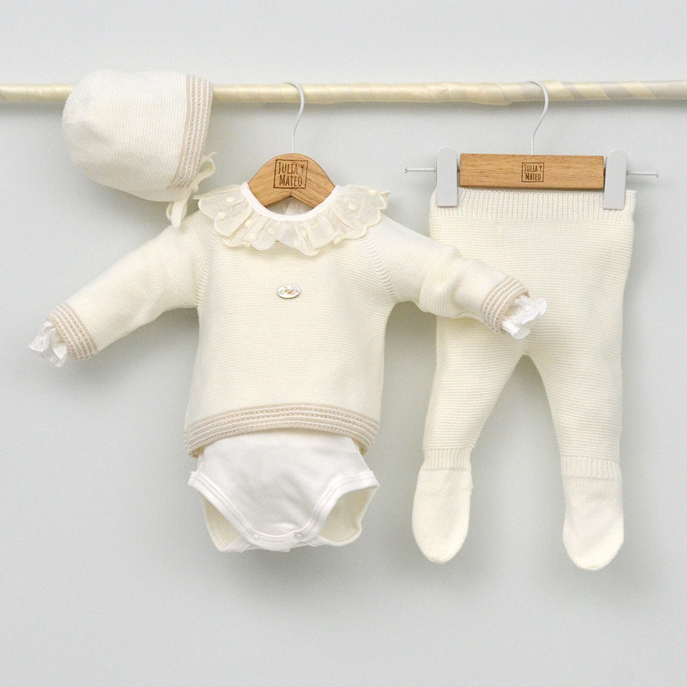 Conjunto bebés Sidney de punto con jubón, polaina y capota