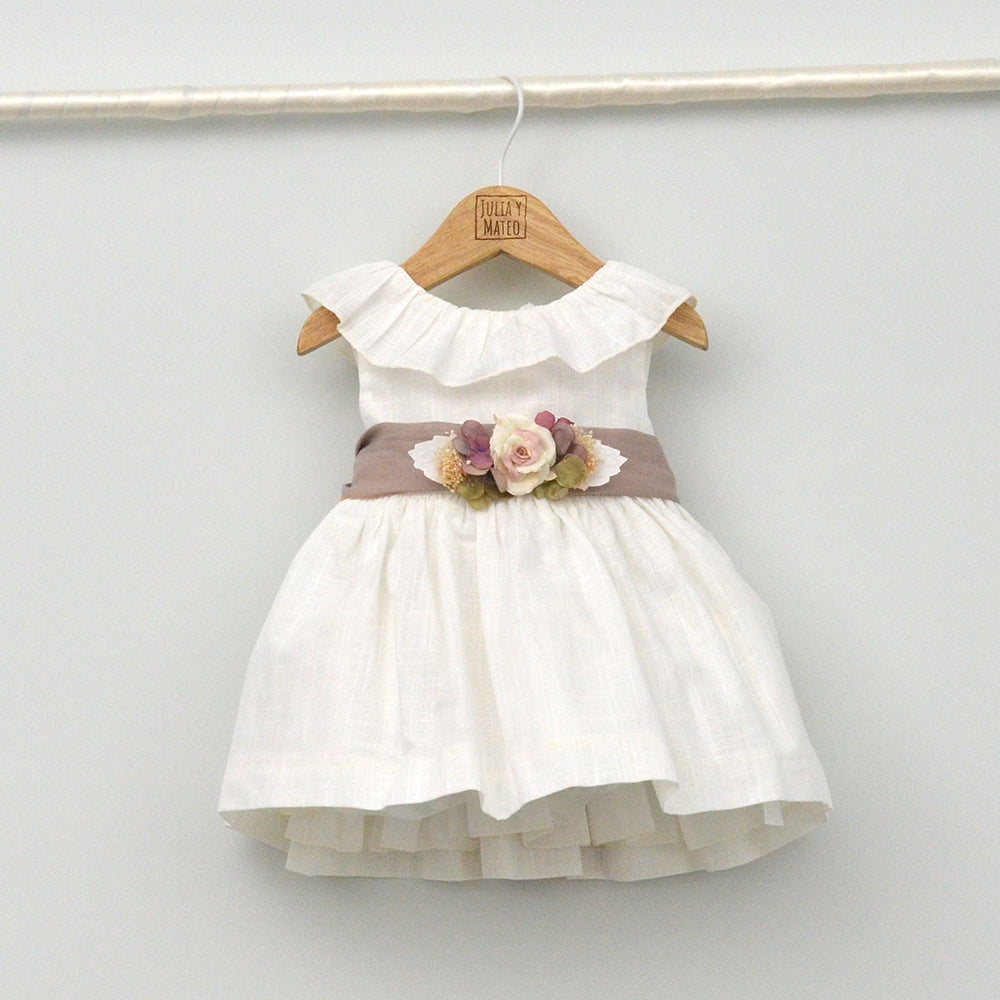 Vestido bebés Emma con fajín de lino y adorno floral