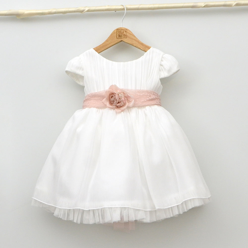 vestido ceremonia niña 2,3,4,5,6 años, fajin rosa, adorno floral tienda online ropa de ceremonia y eventos