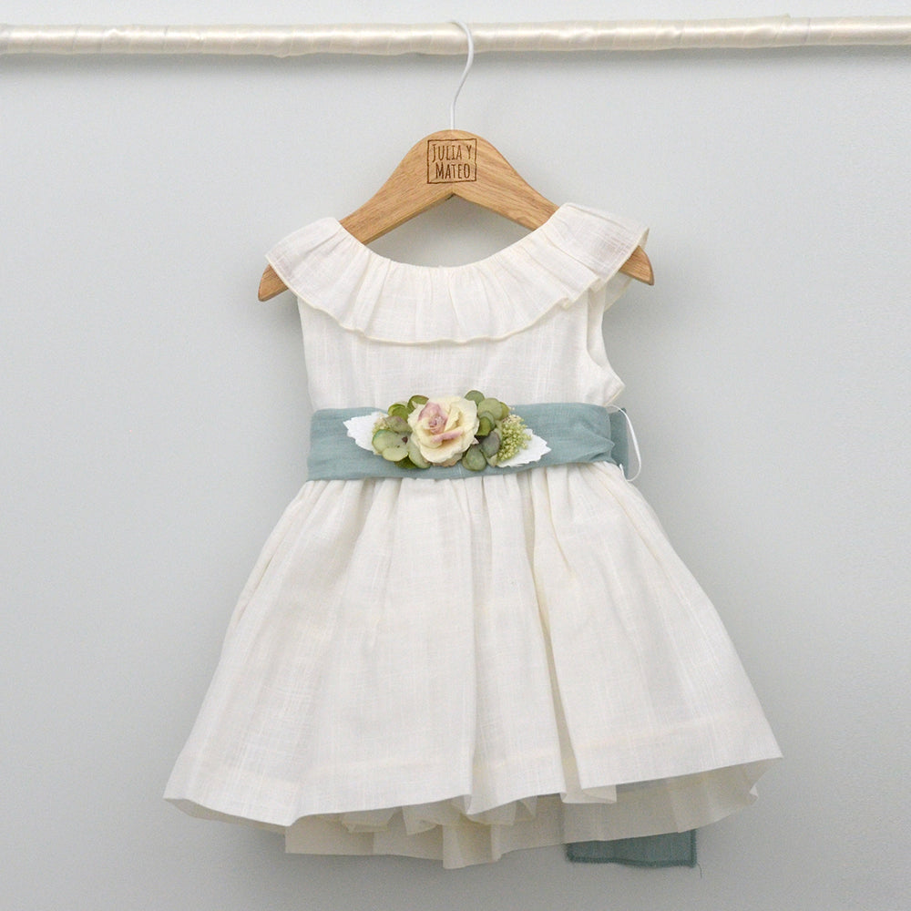 Vestido bebés Emma de Bautizo y Ceremonia con fajín de lino y adorno floral (Copia)