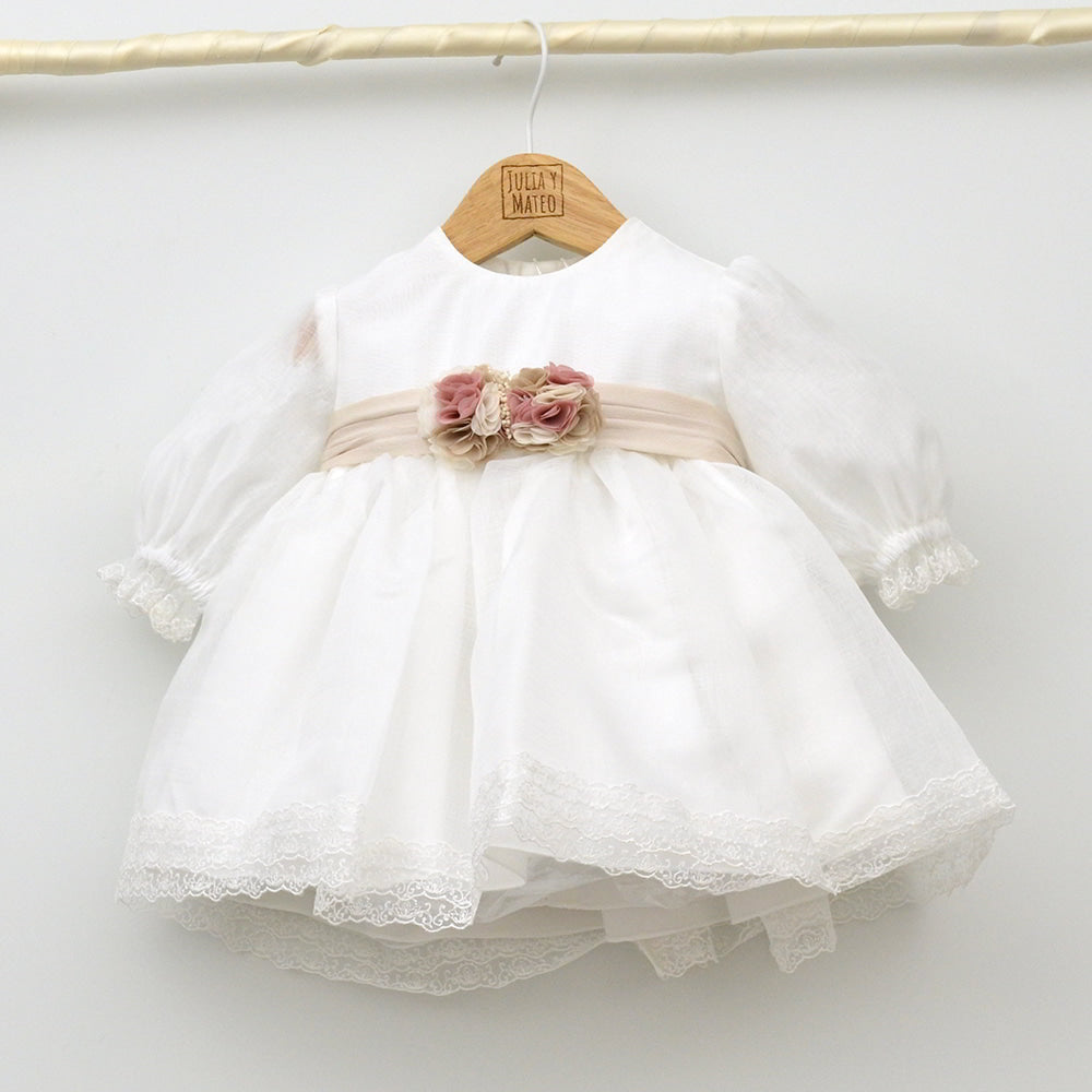 Vestido bebé Organza de manga larga Amaya con adorno floral